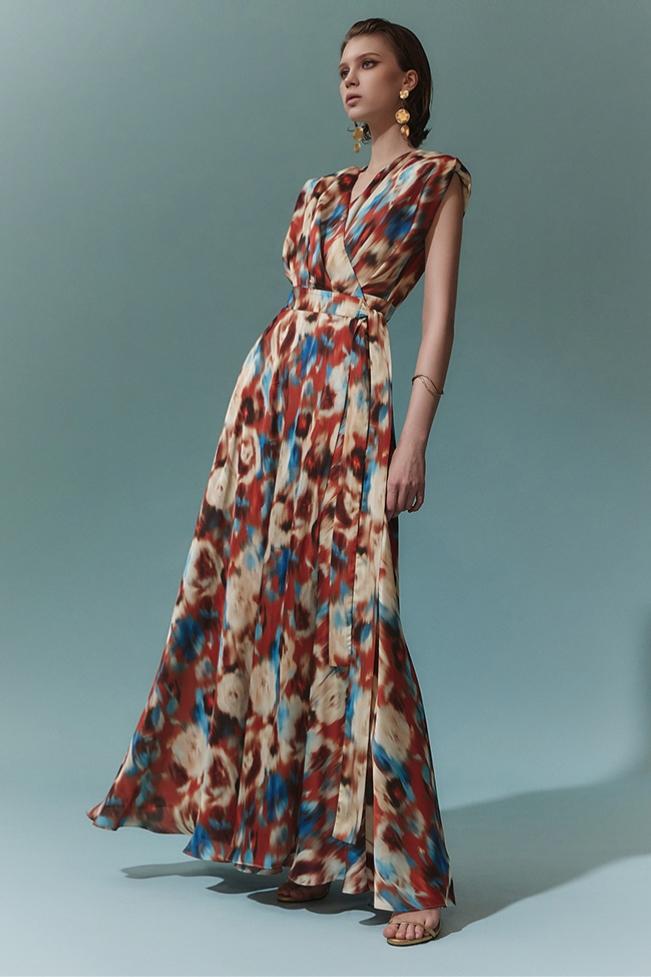 Aspasia Baskılı Kuşaklı A Kesim Uzun Elbise