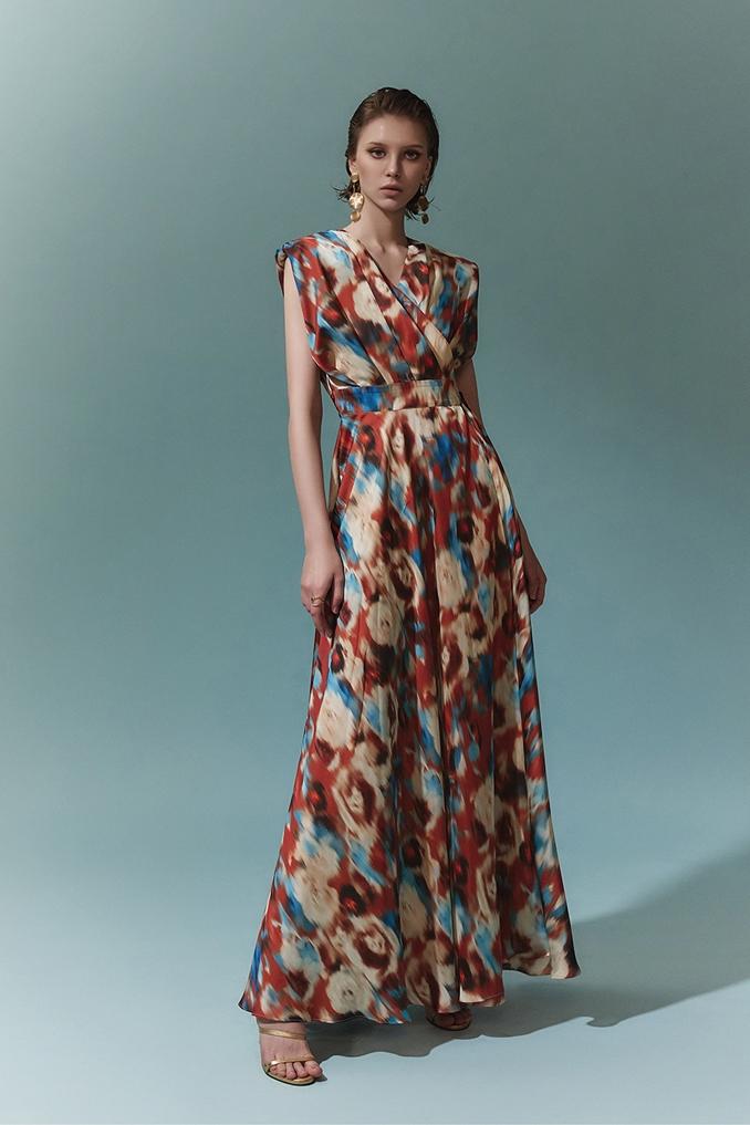 Aspasia Baskılı Kuşaklı A Kesim Uzun Elbise