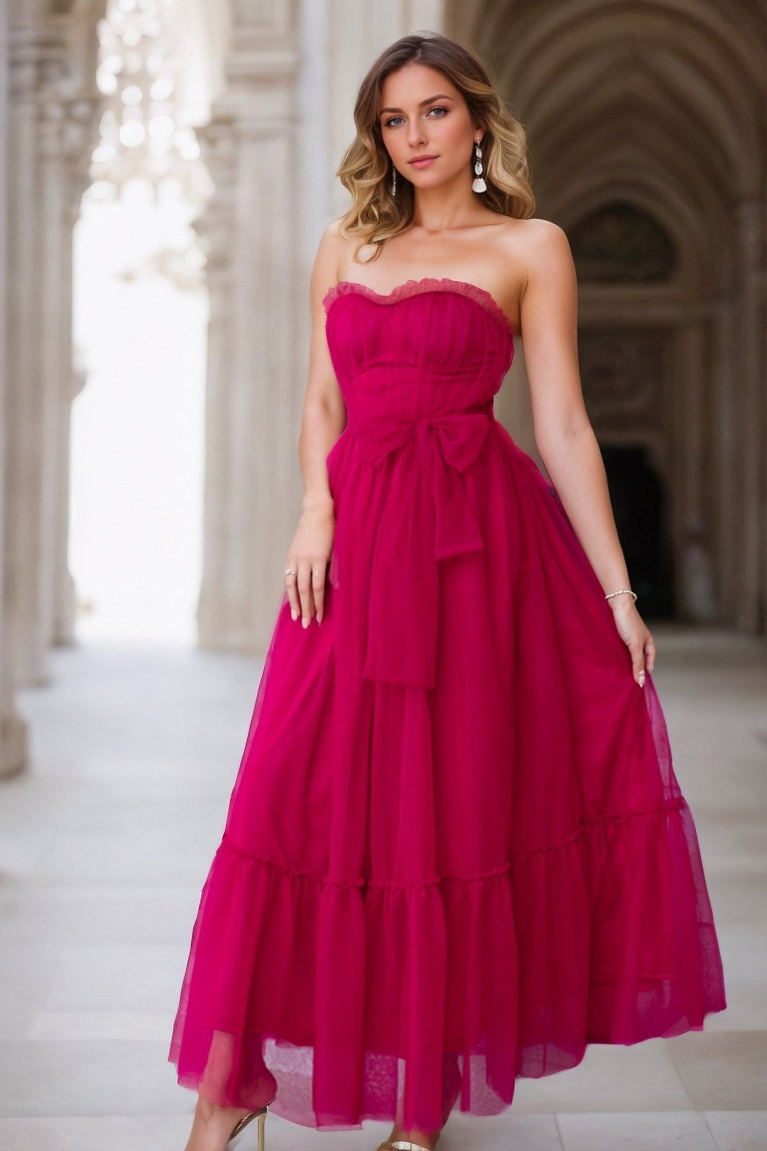 Astrid Büzgülü Tül Papyonlu Midi Elbise