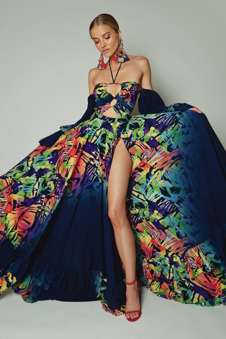 Astrid Baskılı Boyundan Bağlamalı Uzun Elbise