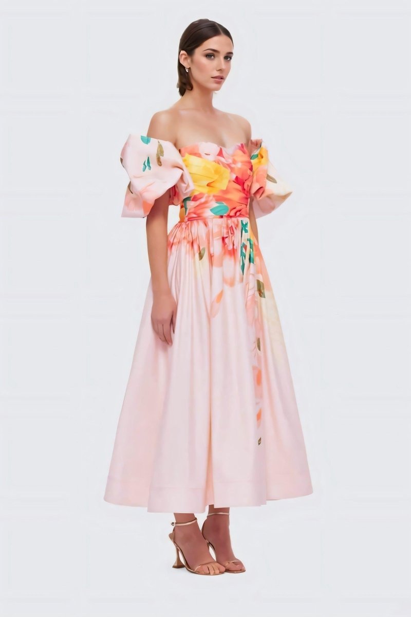 Audrey Çiçek Baskılı Düşük Omuz Midi Elbise