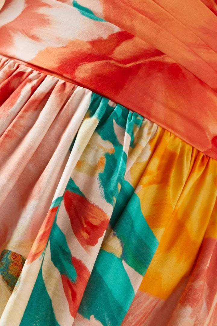 Audrey Çiçek Baskılı Düşük Omuz Midi Elbise