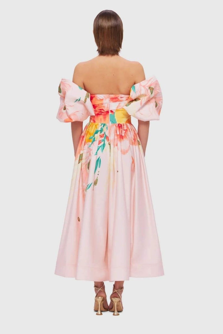 Audrey Çiçek Baskılı Düşük Omuz Midi Elbise