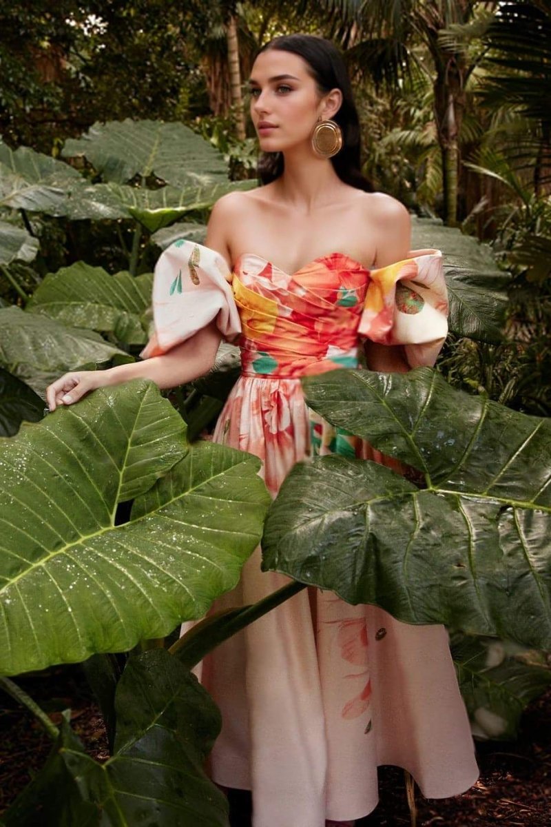 Audrey Çiçek Baskılı Düşük Omuz Midi Elbise