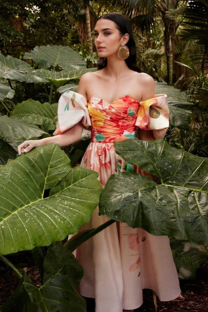 Audrey Çiçek Baskılı Düşük Omuz Midi Elbise