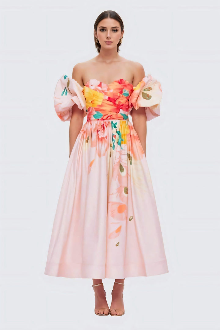 Audrey Çiçek Baskılı Düşük Omuz Midi Elbise