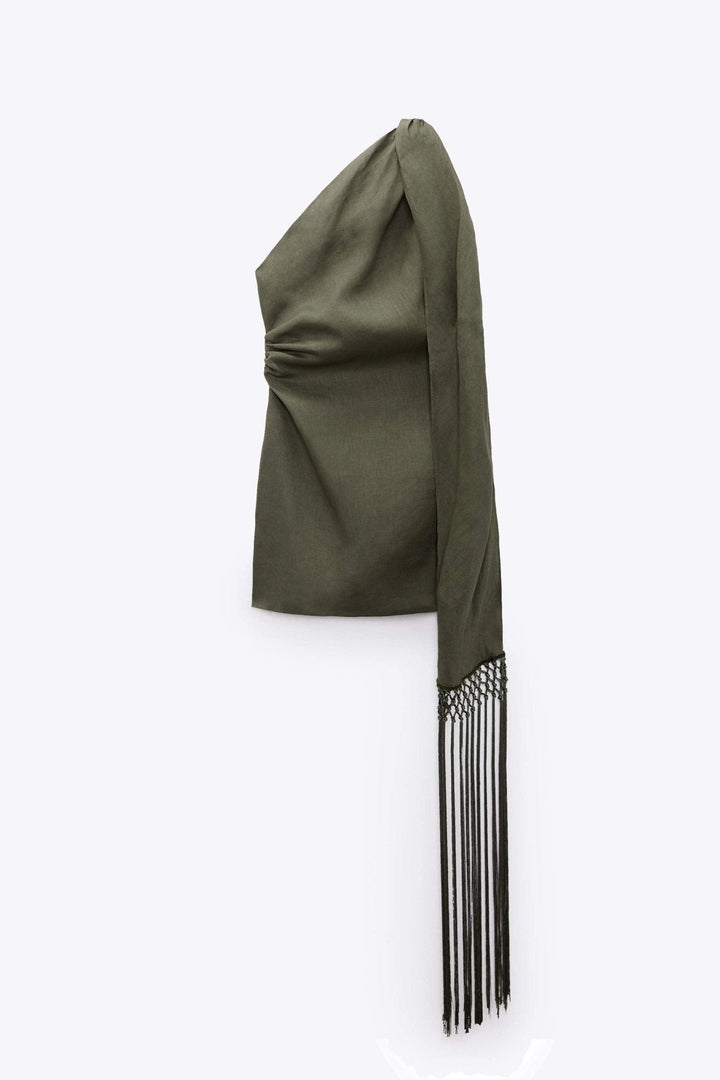 Ava Tek Omuz Püsküllü Keten Mini Elbise