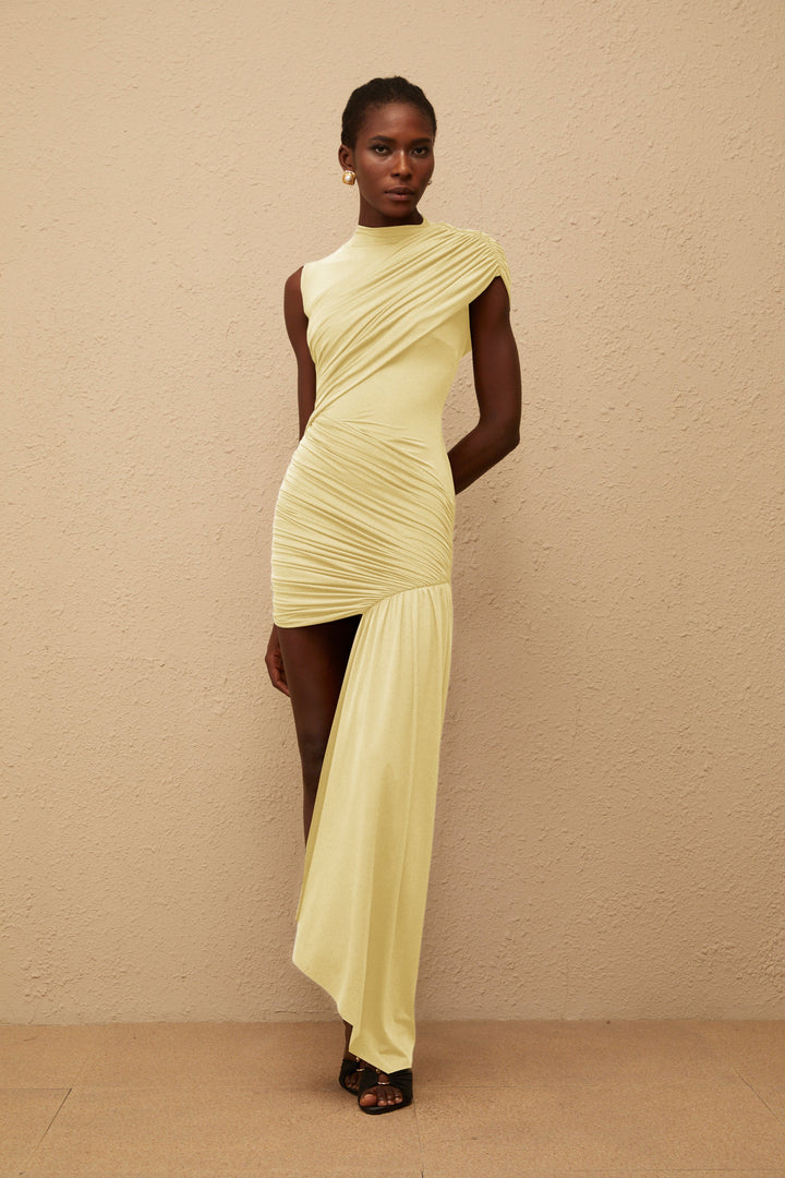 Fée Sarı Asimetrik Büzgülü Mini Elbise