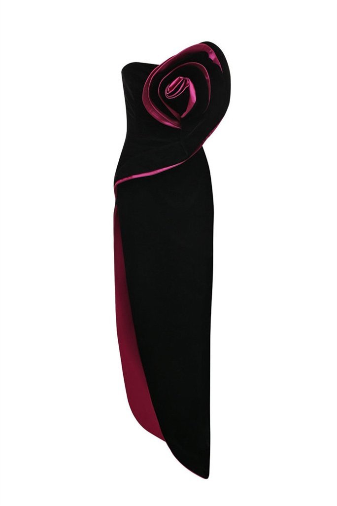 Barbara Kadife Çiçek Asimetrik Uzun Elbise