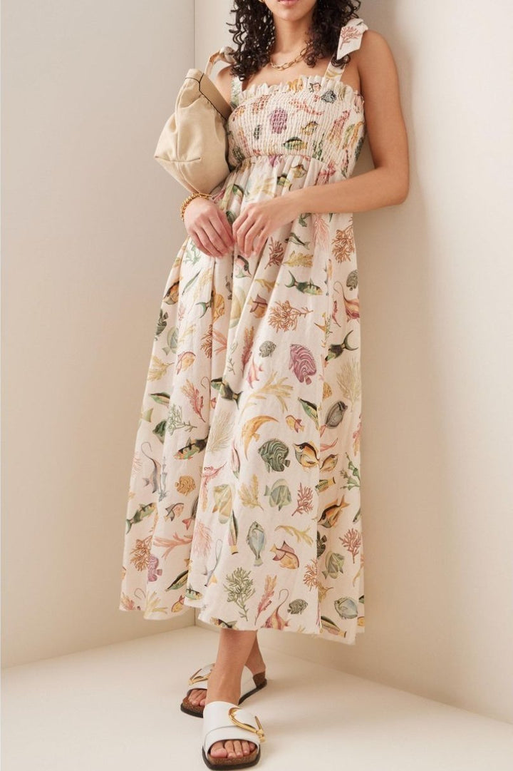 Basia Baskılı Büzgülü Korsajlı Midi Keten Elbise