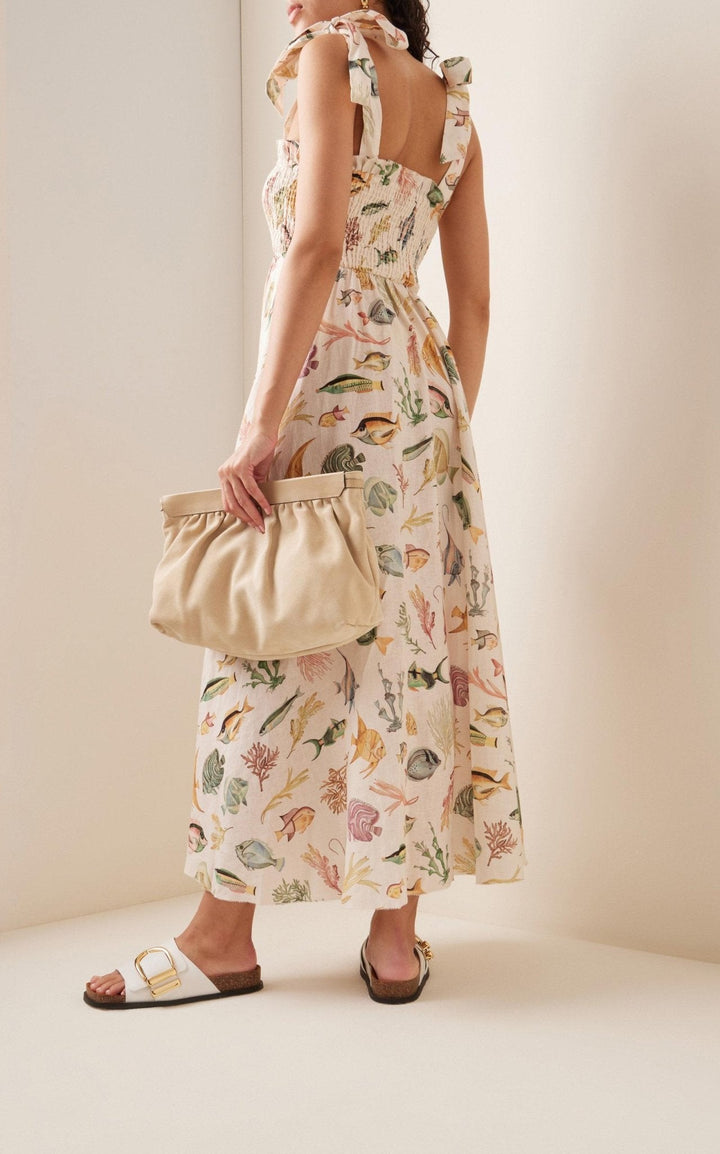 Basia Baskılı Büzgülü Korsajlı Midi Keten Elbise