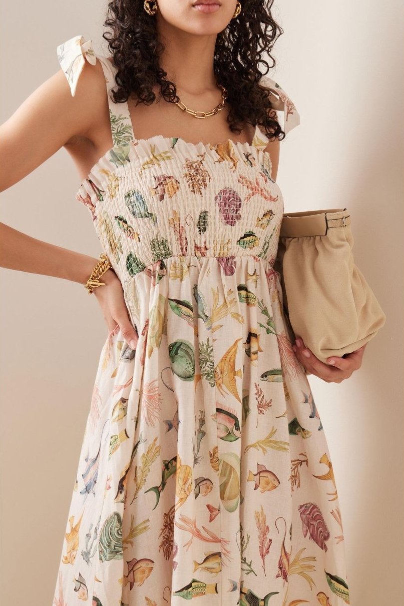 Basia Baskılı Büzgülü Korsajlı Midi Keten Elbise