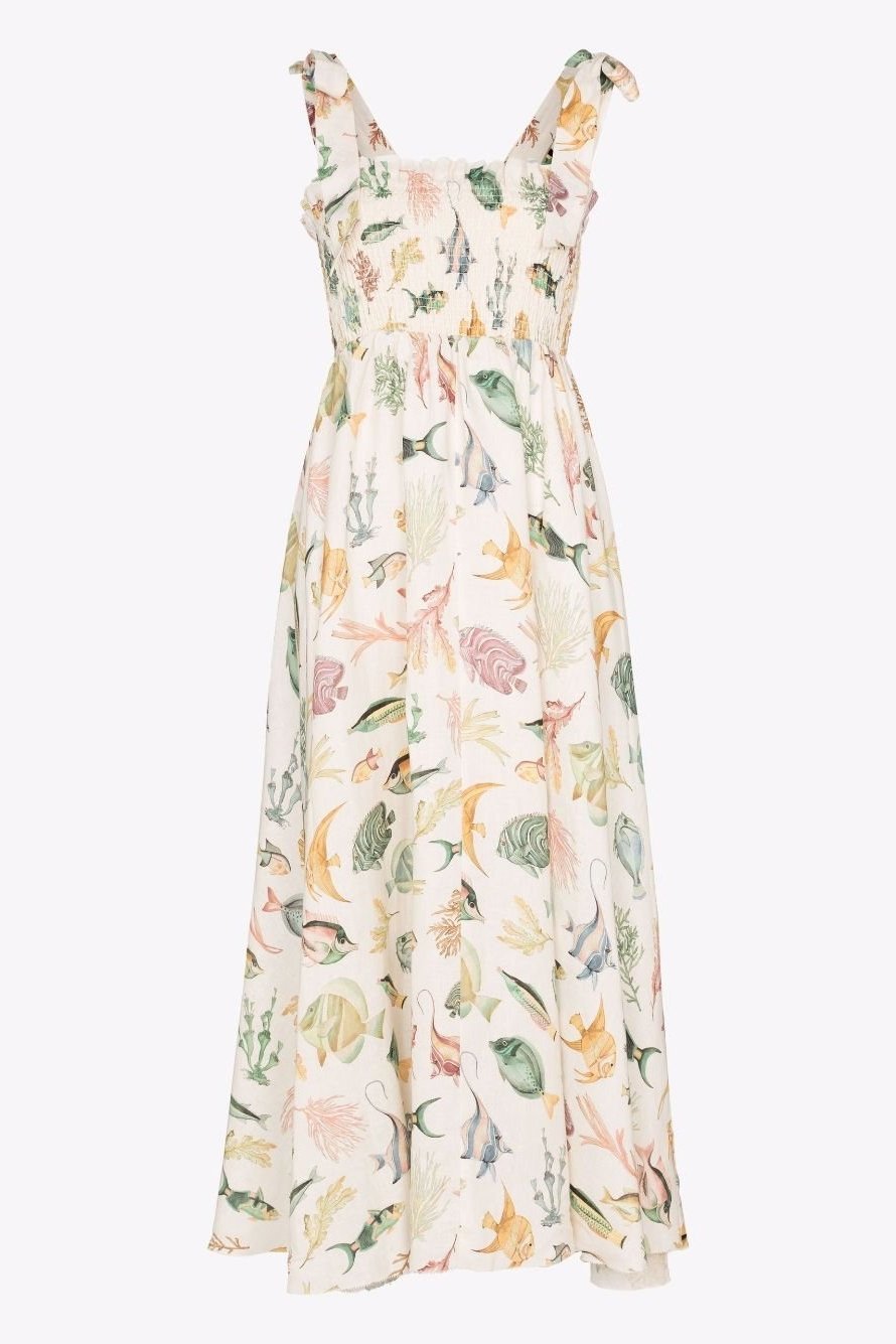 Basia Baskılı Büzgülü Korsajlı Midi Keten Elbise