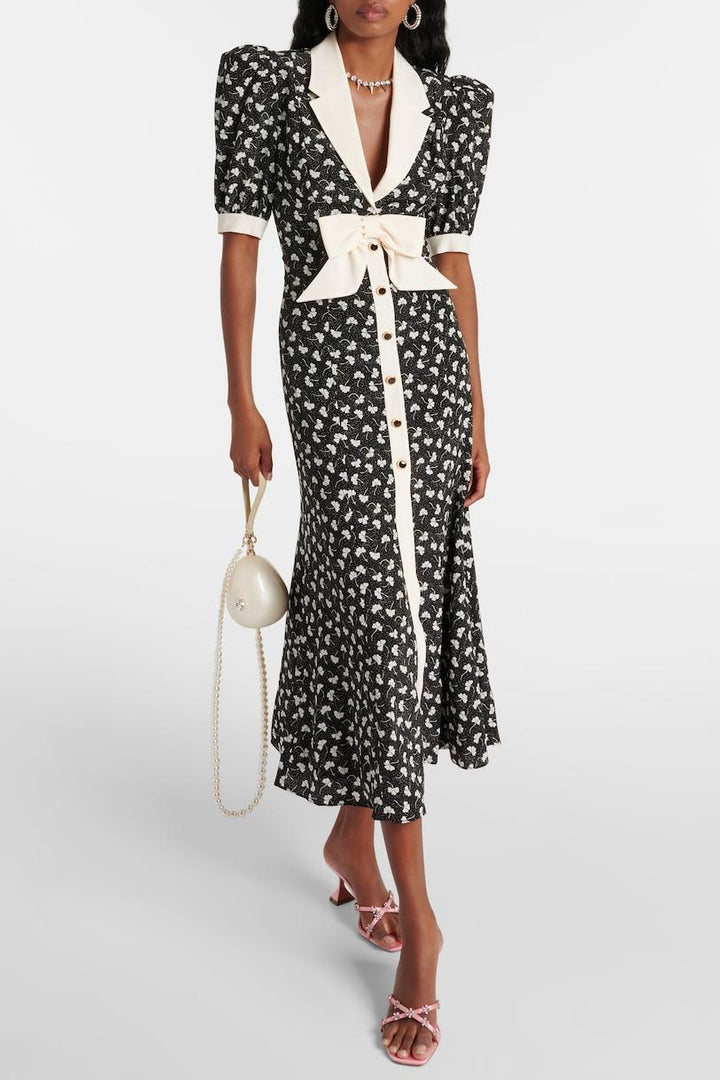 Rita Çiçek Fiyonklu Puf Kol V Yaka Midi Elbise