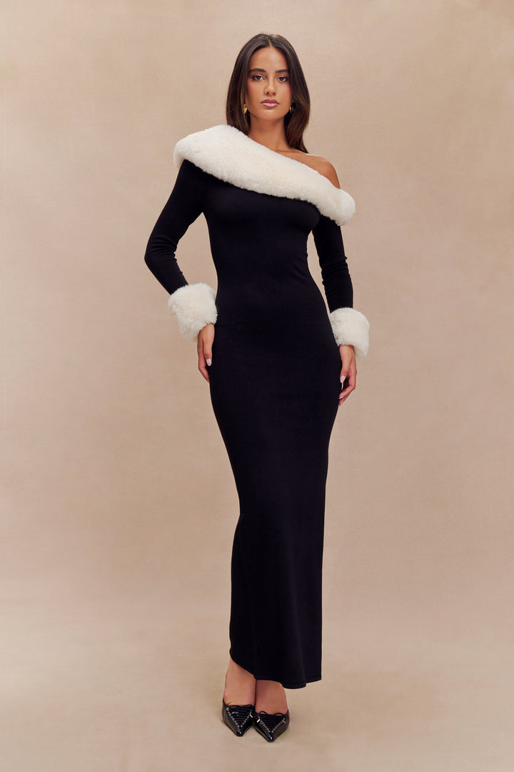 Şafak Kürk Tek Omuz Yırtmaçlı Maxi Elbise