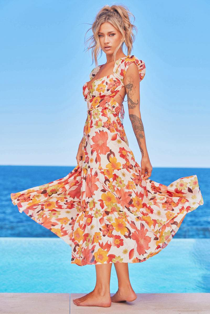 Beata Baskılı Kalpli Midi Elbise