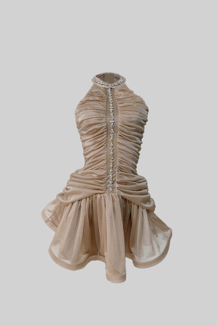 İnci Desenli Kolsuz Halter Elbise