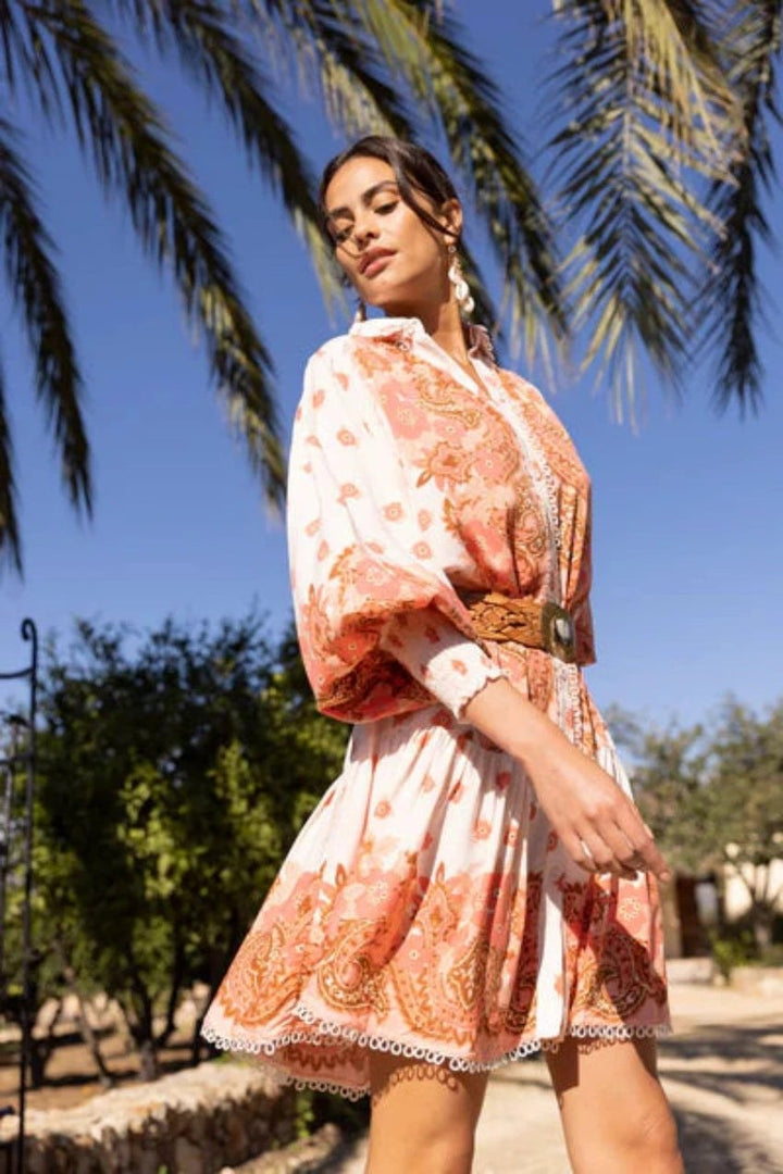 Belinda Splice Baskılı Kuşaklı Dantel Detaylı Mini Pamuk Gömlek Elbise