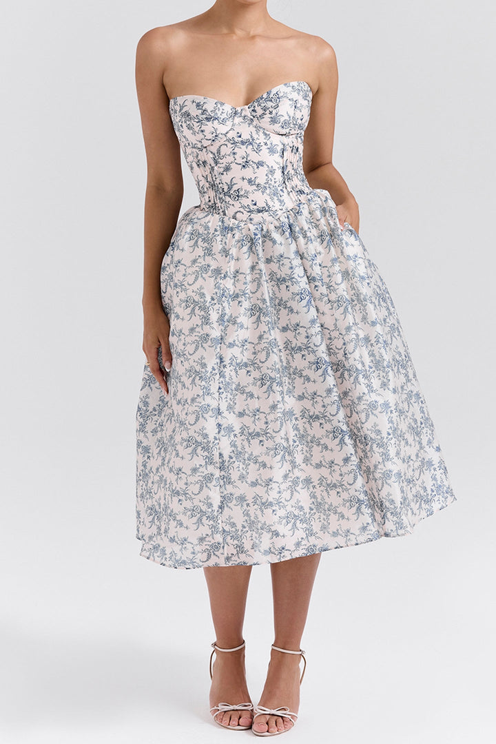 Çiçek Baskılı Korse Midi Elbise