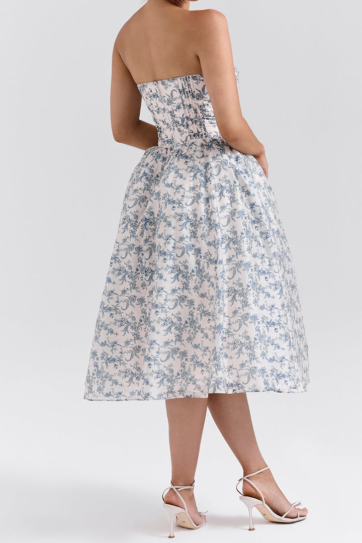 Çiçek Baskılı Korse Midi Elbise