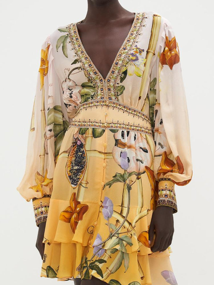 Bernice Baskılı V Yaka Katlı Mini Elbise