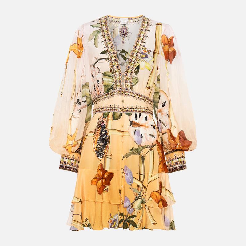 Bernice Baskılı V Yaka Katlı Mini Elbise