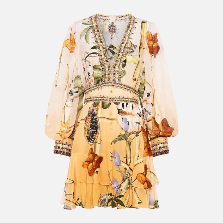 Bernice Baskılı V Yaka Katlı Mini Elbise