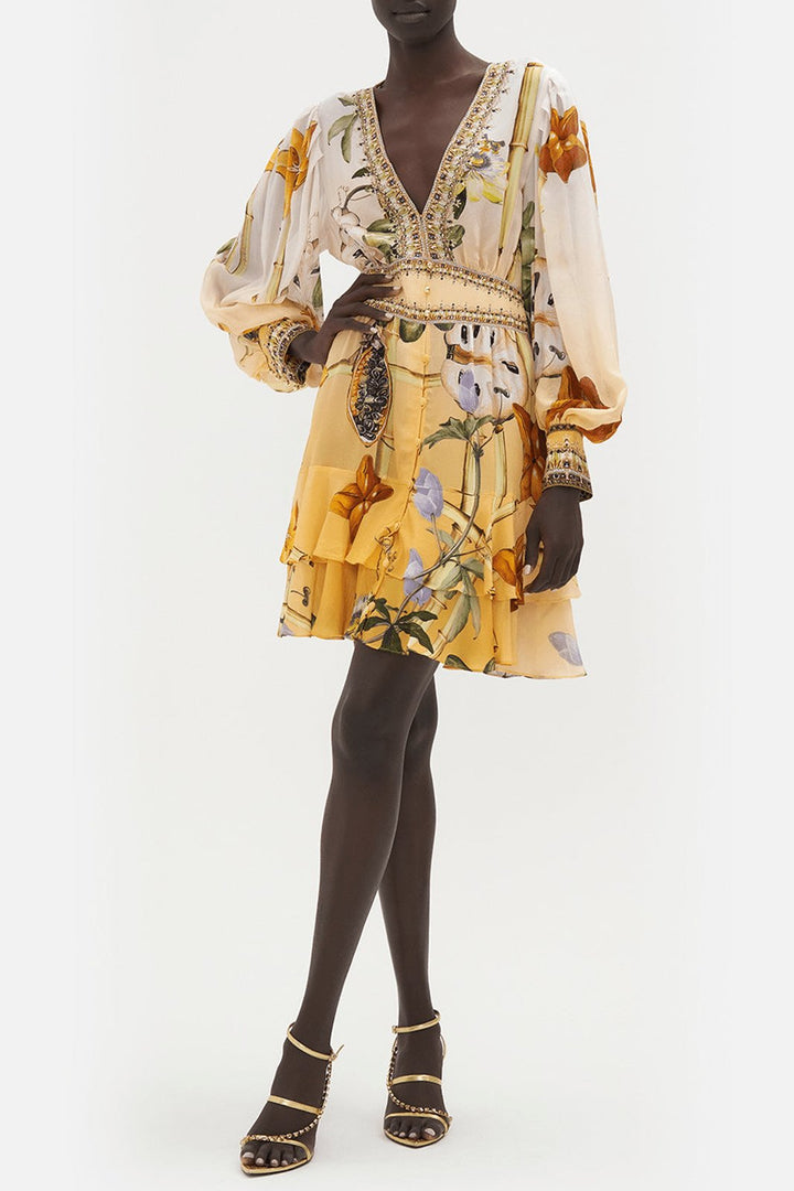 Bernice Baskılı V Yaka Katlı Mini Elbise