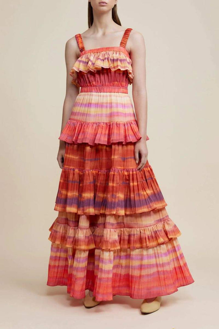 Bertina Baskılı Katlı Uzun Elbise