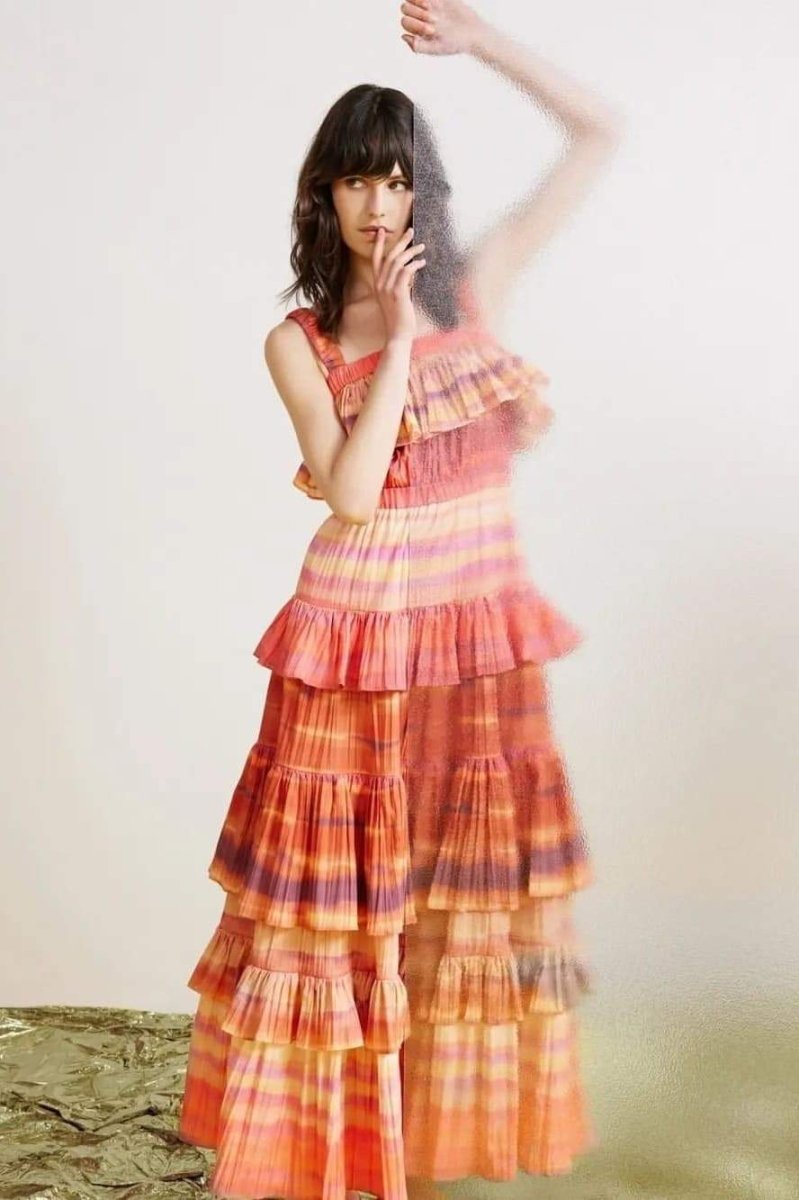 Bertina Baskılı Katlı Uzun Elbise