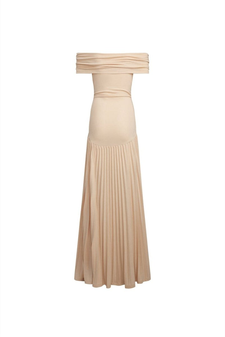 Beryl Düşük Omuz Piliseli Maxi Elbise
