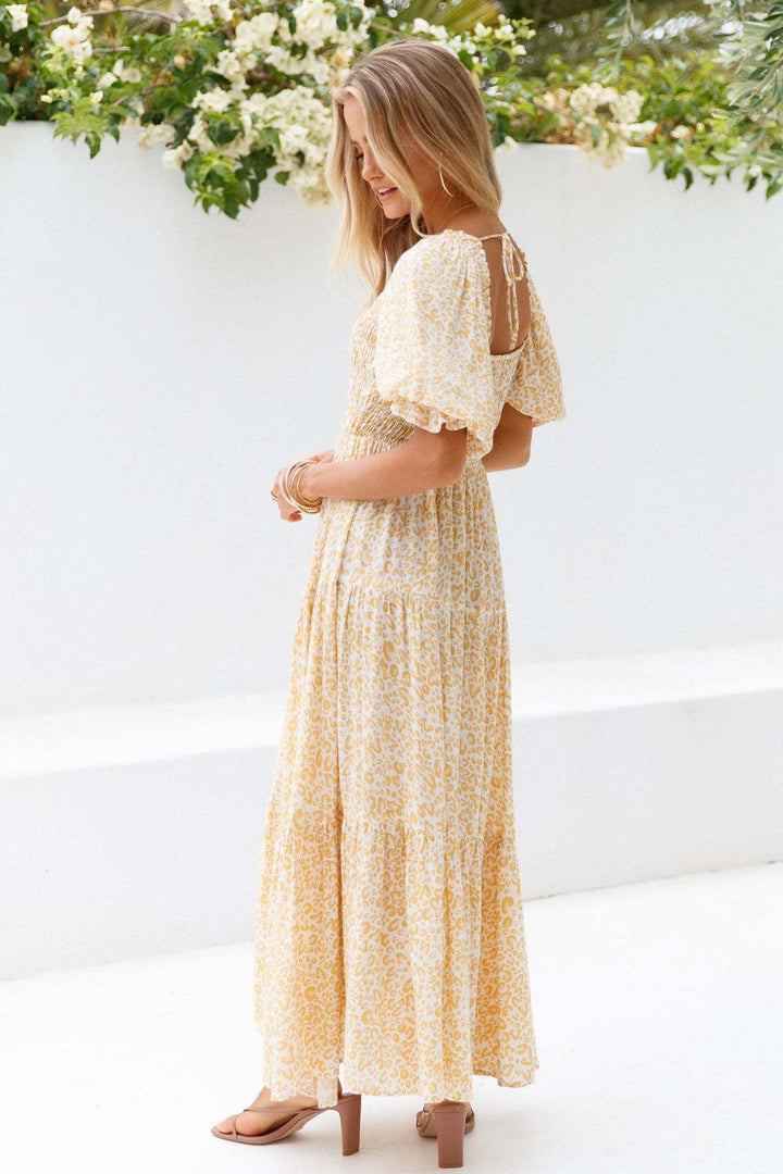 Besty Baskılı Önlük Kare Yaka Uzun Elbise