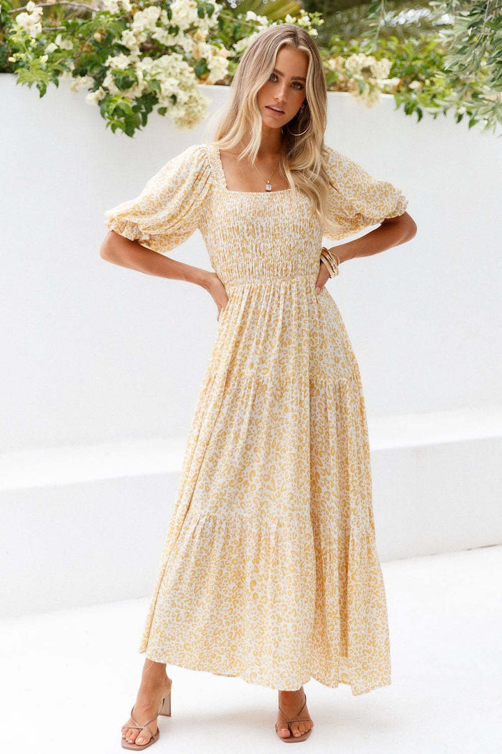 Besty Baskılı Önlük Kare Yaka Uzun Elbise