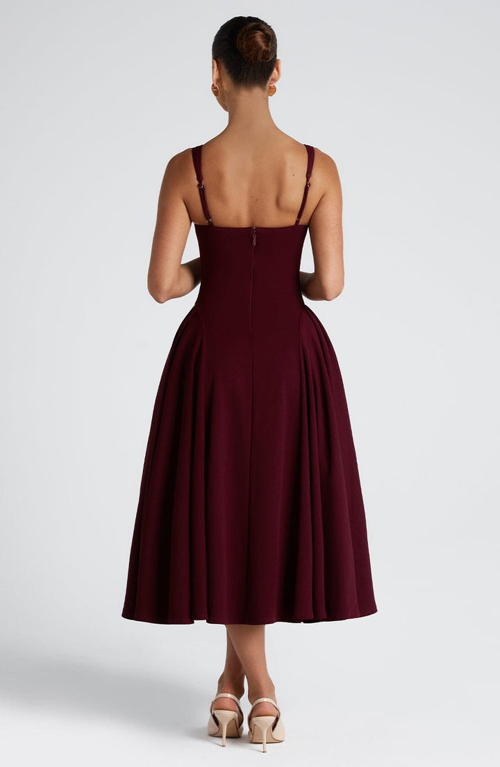 Cherry Kare Yaka & Korsajlı Bordo Midi Elbise