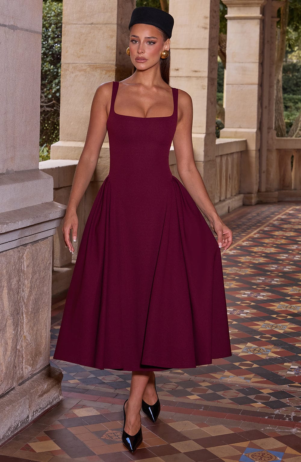 Cherry Kare Yaka & Korsajlı Bordo Midi Elbise