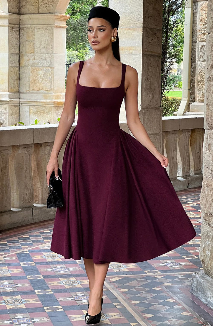 Cherry Kare Yaka & Korsajlı Bordo Midi Elbise