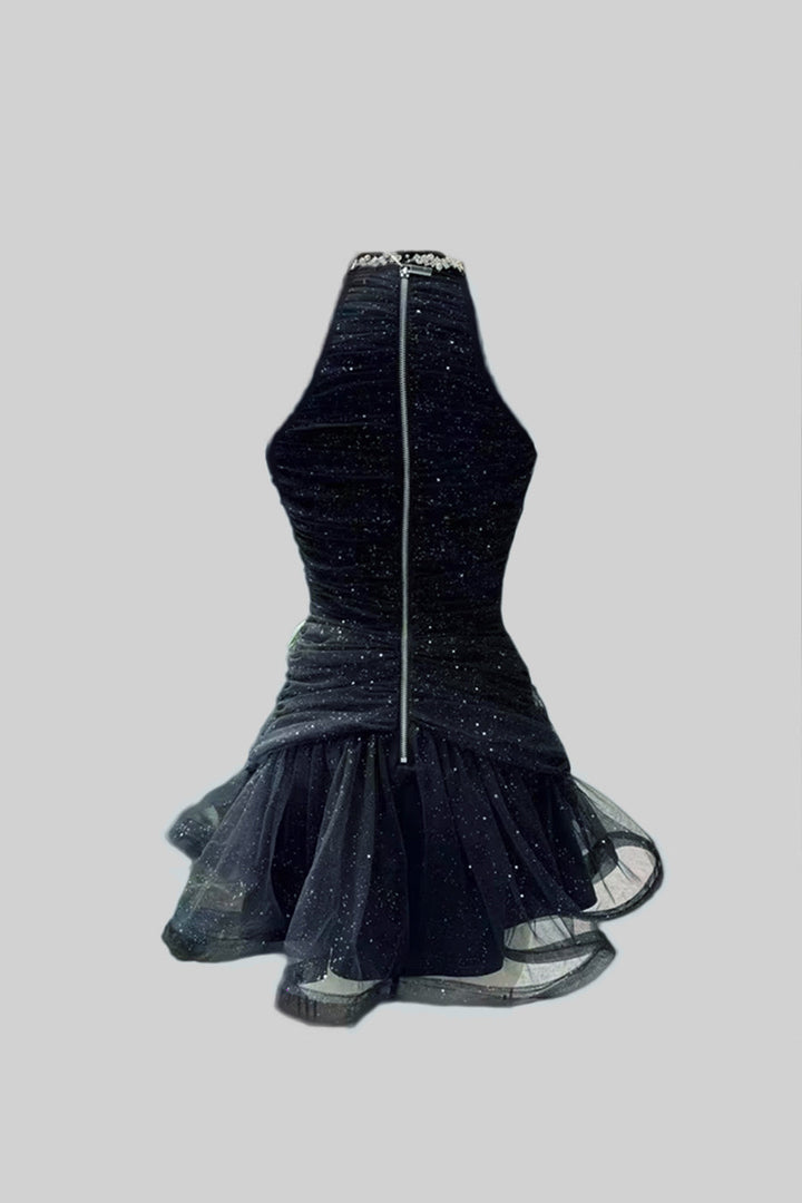 İnci Desenli Kolsuz Halter Elbise