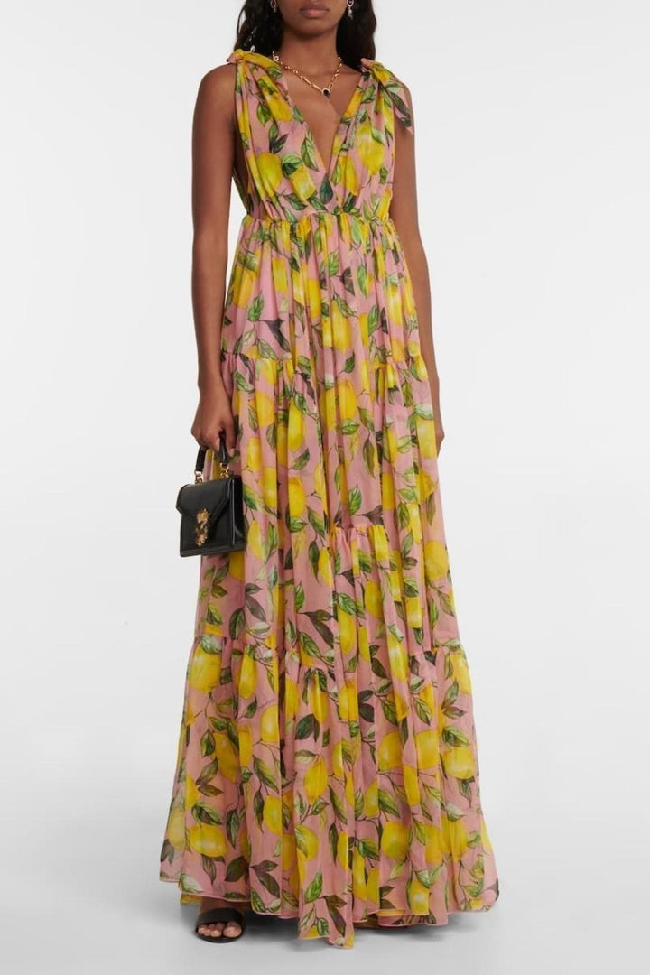 Blanche Baskılı V Yaka Düğümlü Maxi Elbise