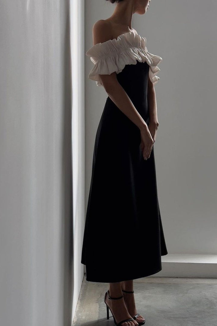 Bonnie Düşük Omuz Fırfırlı Maxi Elbise