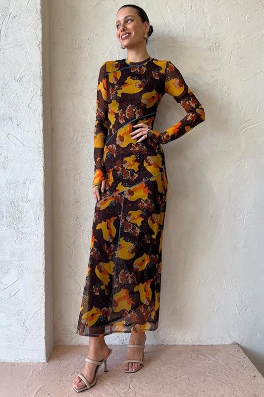 Breeda Baskılı Transparan Maxi File Elbise