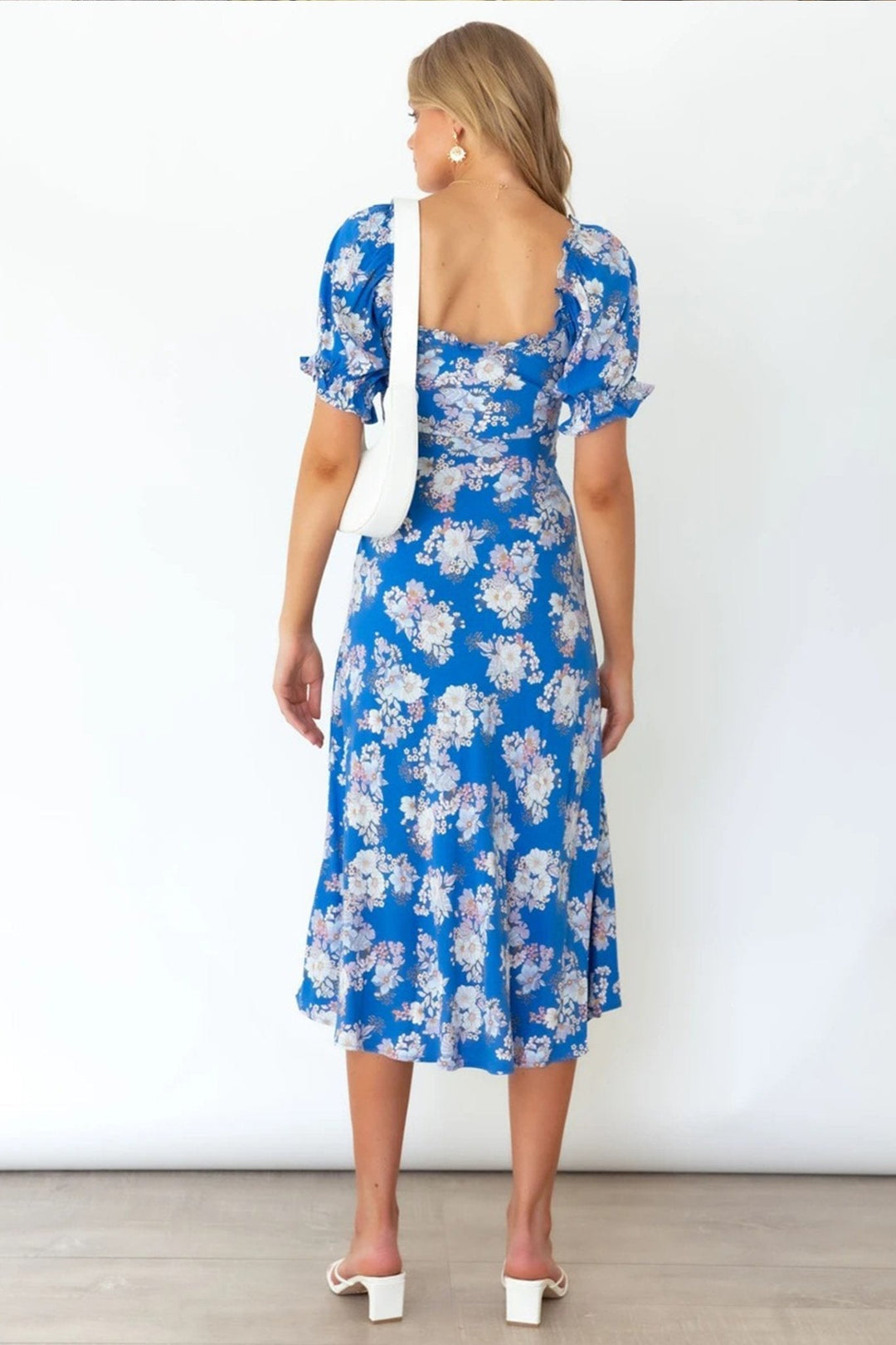 Brook Baskılı Kalpli Balon Kol Midi Elbise