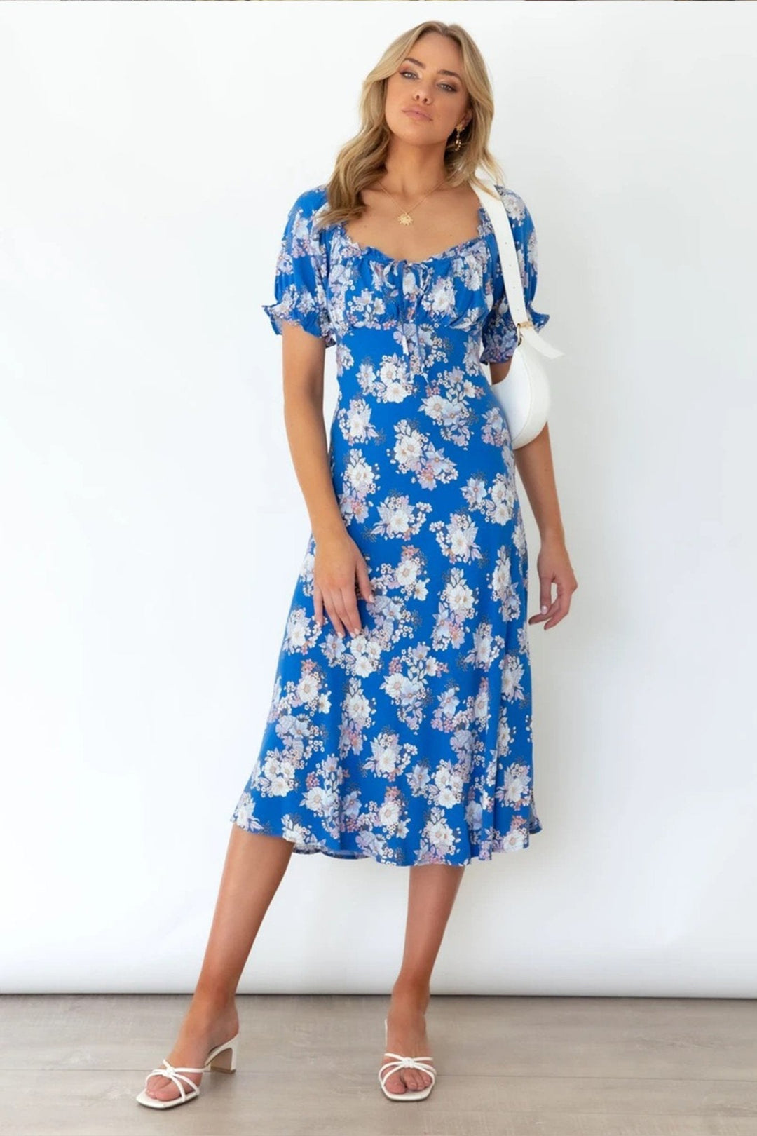 Brook Baskılı Kalpli Balon Kol Midi Elbise