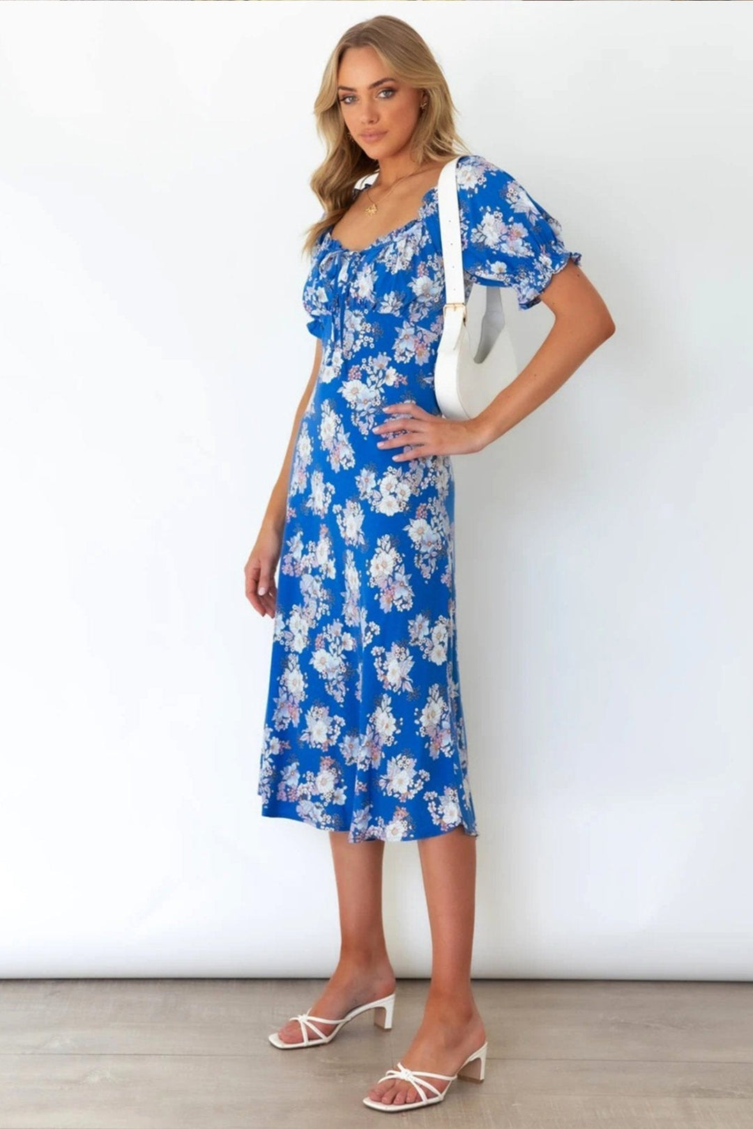 Brook Baskılı Kalpli Balon Kol Midi Elbise