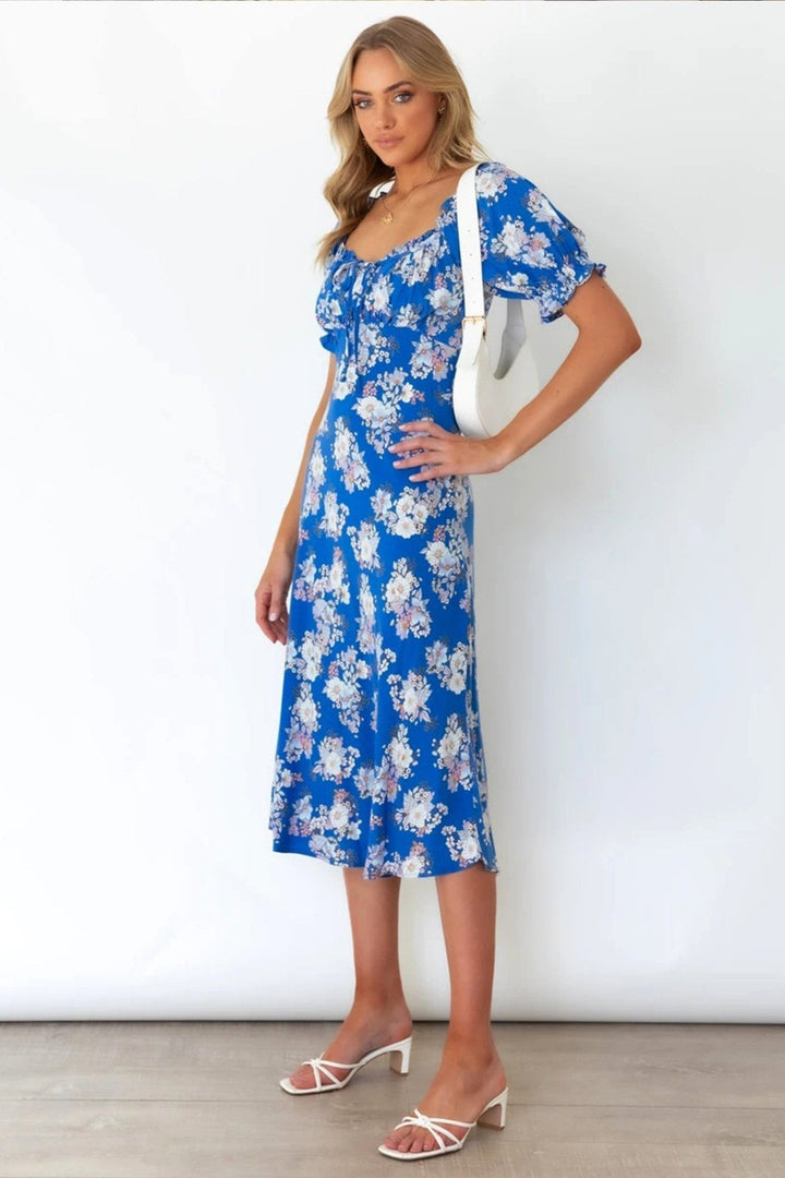 Brook Baskılı Kalpli Balon Kol Midi Elbise