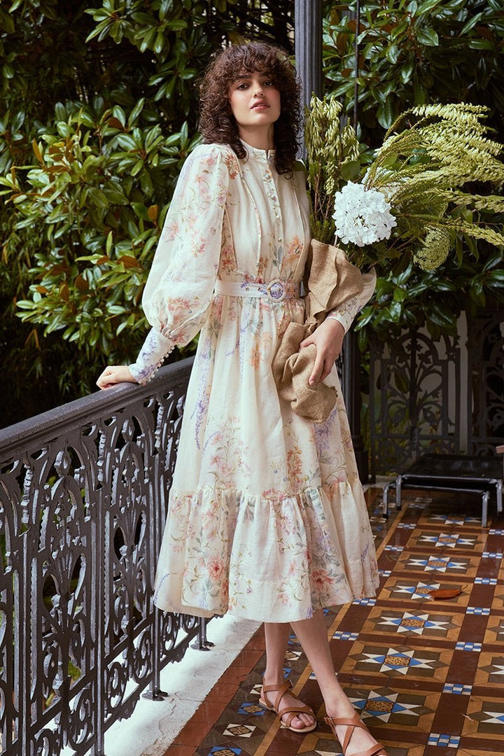 Caitlin Baskılı Kuşaklı Midi Elbise