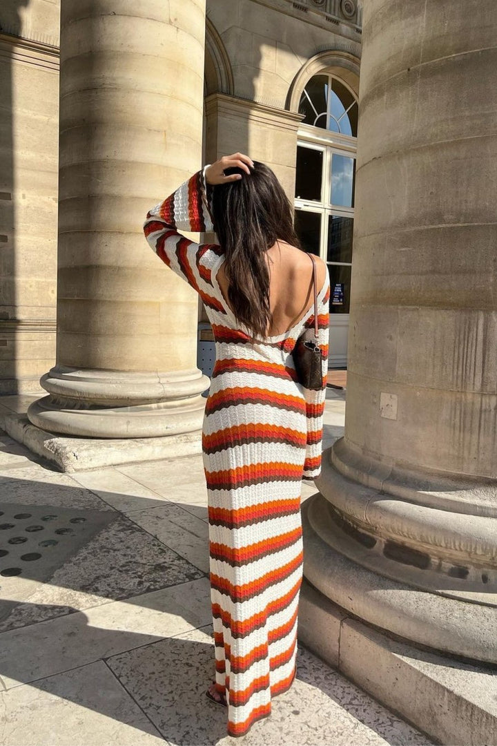 Calista Dokuma Zigzag Sırtı Açık Uzun Triko Elbise