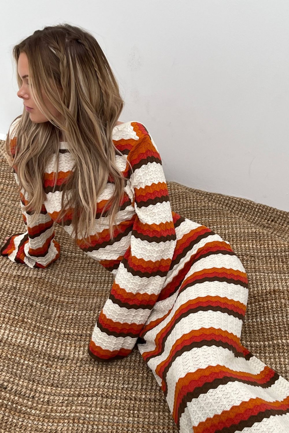 Calista Dokuma Zigzag Sırtı Açık Uzun Triko Elbise