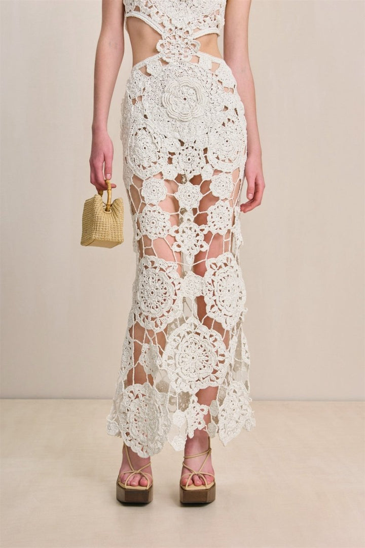 Camille Boyundan Bağlamalı Kesikli Örgü Maxi Elbise