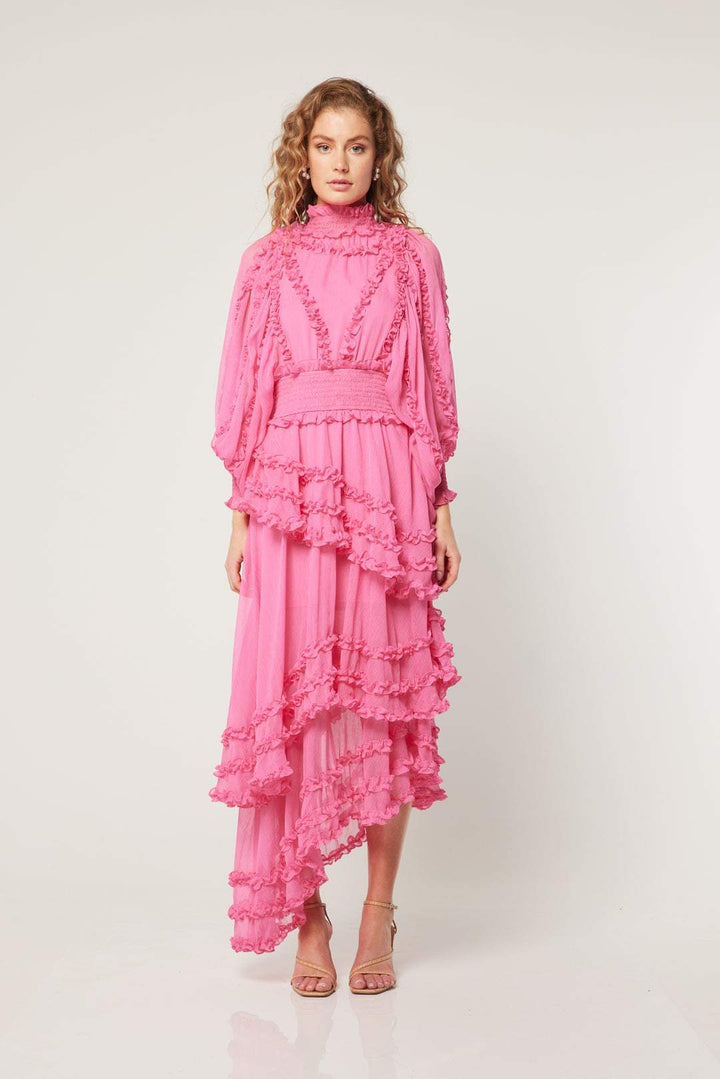 Candida Fırfırlı Büzgülü Asimetri Midi Elbise