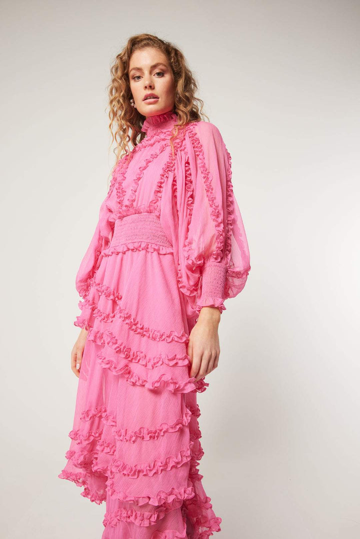 Candida Fırfırlı Büzgülü Asimetri Midi Elbise